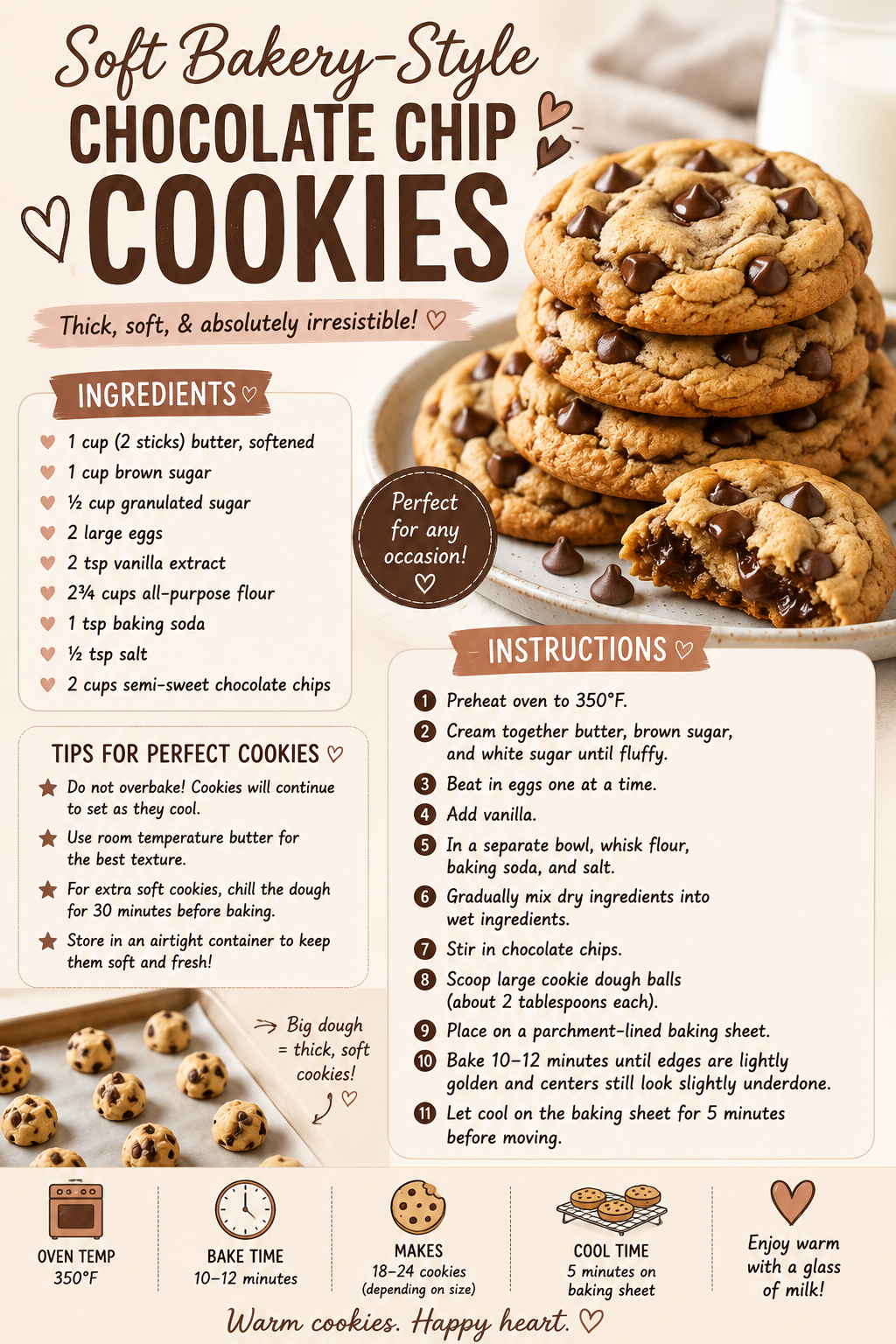 A stack of thick, soft chocolate chip cookies on a plate with one broken in half to show the melted chocolate inside.