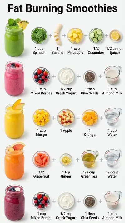 Eine Übersicht von fünf verschiedenen Smoothies in Gläsern mit ihren spezifischen Zutaten.