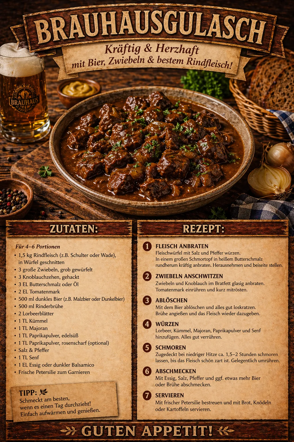 Ein rustikales Brauhausgulasch in einer Tonschale, serviert mit Bier, Zwiebeln und Brot auf einem Holztisch.