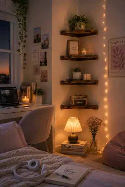 Ein gemütliches Schlafzimmer mit rustikalen Eckregalen, Lichterketten und einem Schreibtisch bei warmem Dämmerlicht.