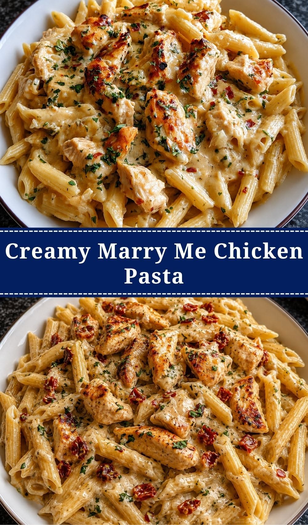 A close-up of a bowl filled with penne pasta, seared chicken pieces, and sun-dried tomatoes in a creamy sauce.