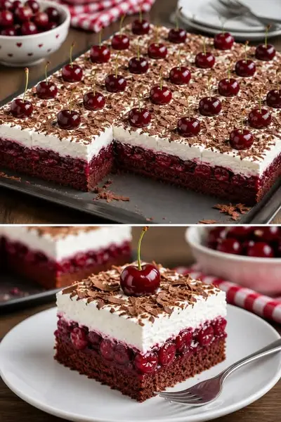 Ein Stück Schoko-Kirsch-Blechkuchen auf einem weißen Teller, daneben das ganze Blech mit Schokoraspeln und Kirschen.