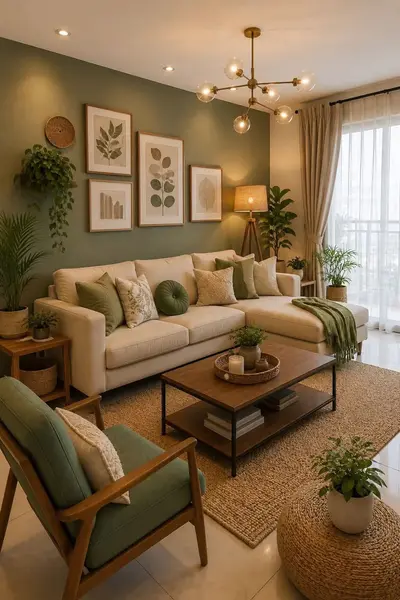 Ein gemütliches Wohnzimmer mit olivgrüner Akzentwand, beigem Sofa, Holztisch und vielen verschiedenen Zimmerpflanzen.