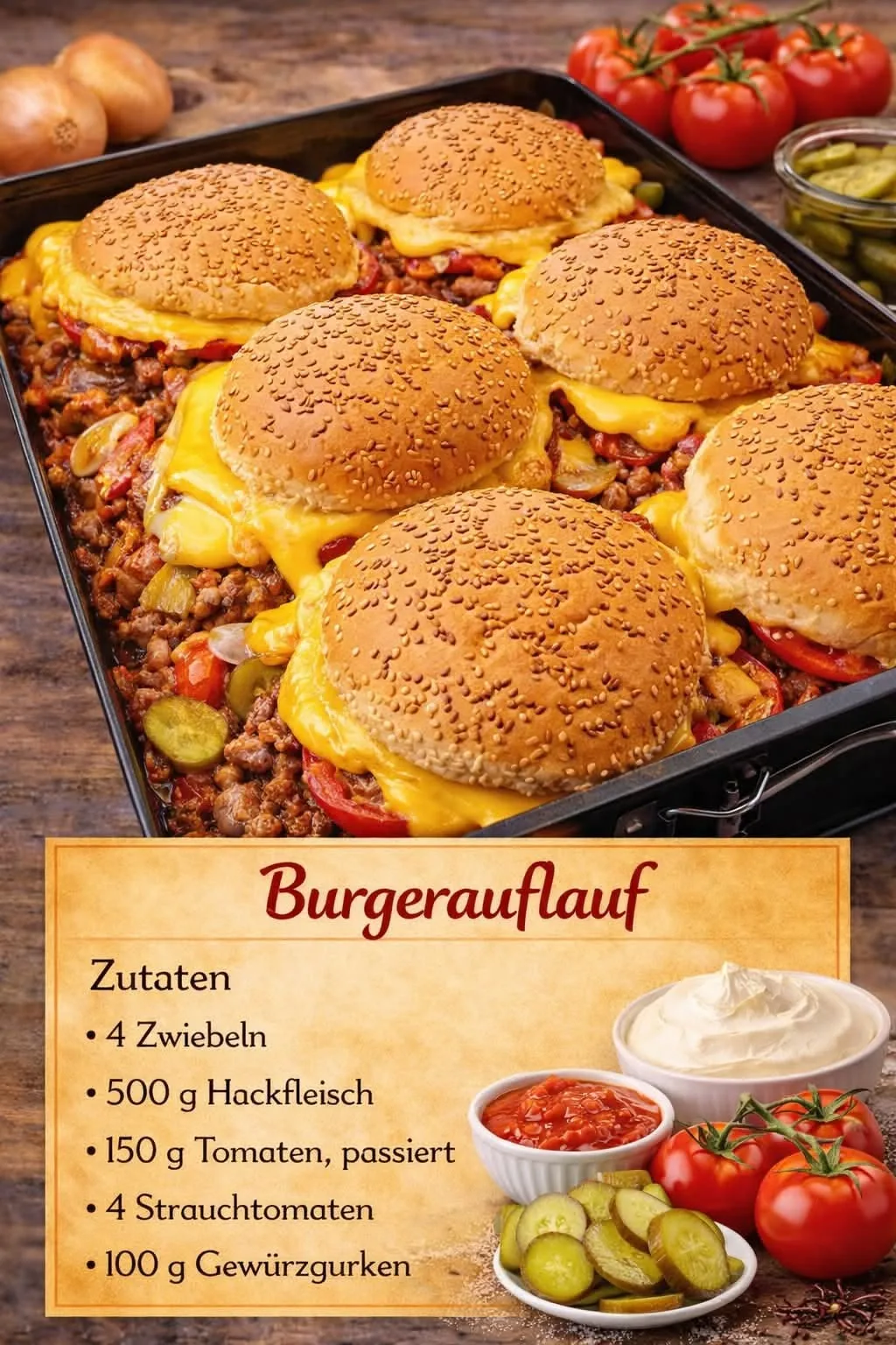 Ein mit Hackfleisch, Tomaten, Gewürzgurken und geschmolzenem Käse belegter Burgerauflauf auf einem Backblech.