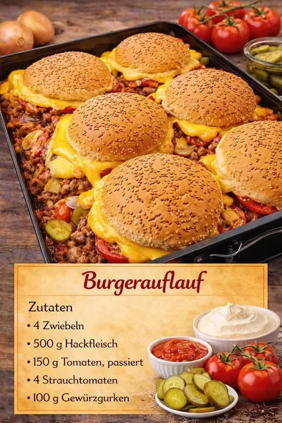 Ein mit Hackfleisch, Tomaten, Gewürzgurken und geschmolzenem Käse belegter Burgerauflauf auf einem Backblech.