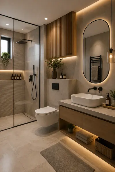 Modernes Badezimmer mit beigen Fliesen, Holzakzenten, schwarzer Duschwand und indirekter Beleuchtung.