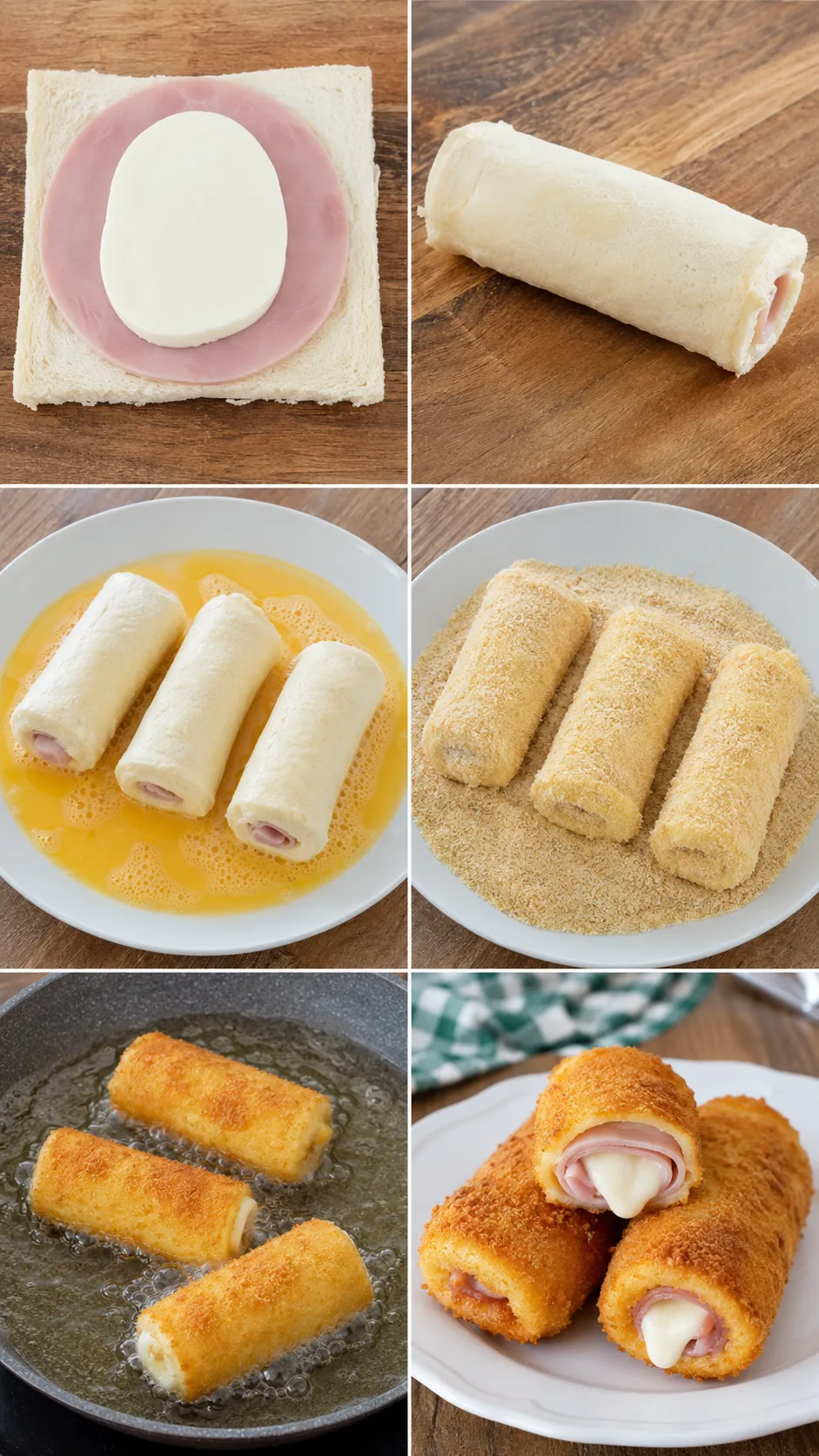 Sechs Bilder zeigen die Zubereitung von gefüllten, panierten und goldbraun frittierten Schinken-Käse-Toaströllchen.