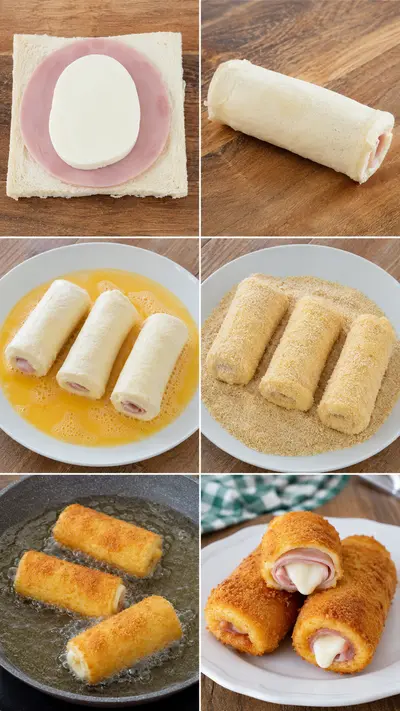 Sechs Bilder zeigen die Zubereitung von gefüllten, panierten und goldbraun frittierten Schinken-Käse-Toaströllchen.