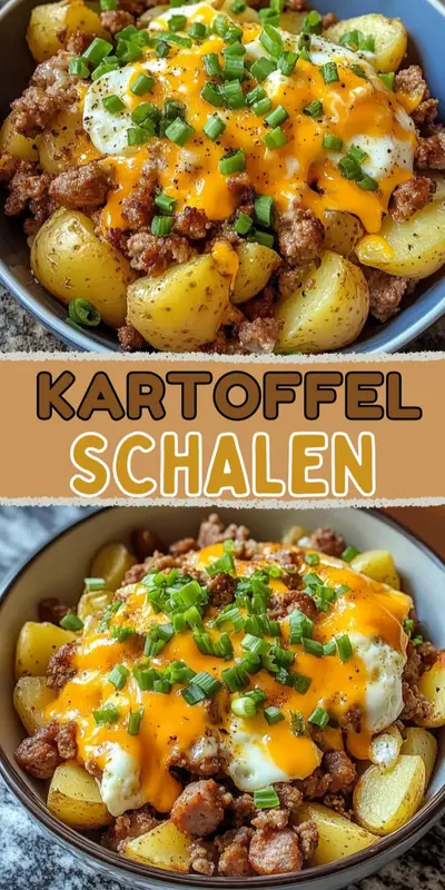 Zwei Schüsseln gefüllt mit gebratenen Kartoffeln, Hackfleisch, geschmolzenem Käse und einem Spiegelei.