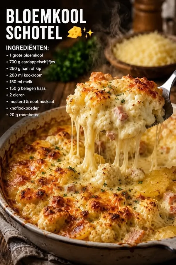 Een dampende bloemkoolschotel in een ovenschaal waarbij gesmolten kaasdraden zichtbaar zijn op de opscheplepel.