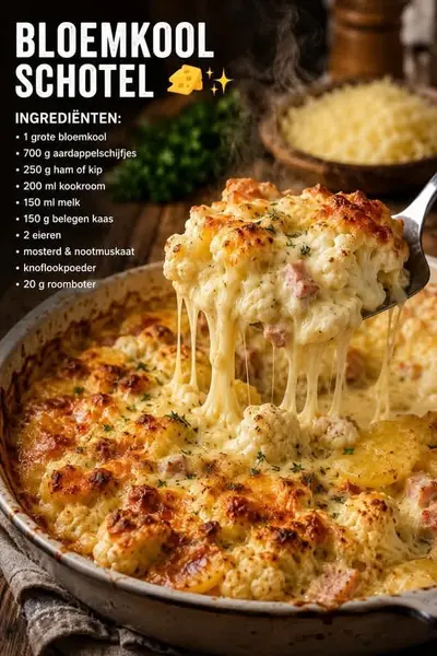 Een dampende bloemkoolschotel in een ovenschaal waarbij gesmolten kaasdraden zichtbaar zijn op de opscheplepel.