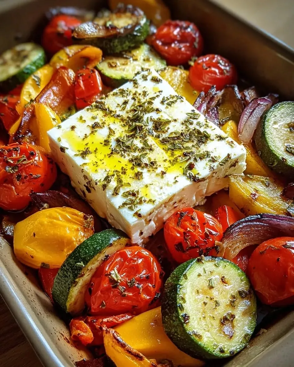 Ein Block Feta umringt von gerösteten Zucchini, Kirschtomaten, Paprika und Zwiebeln in einer Auflaufform.
