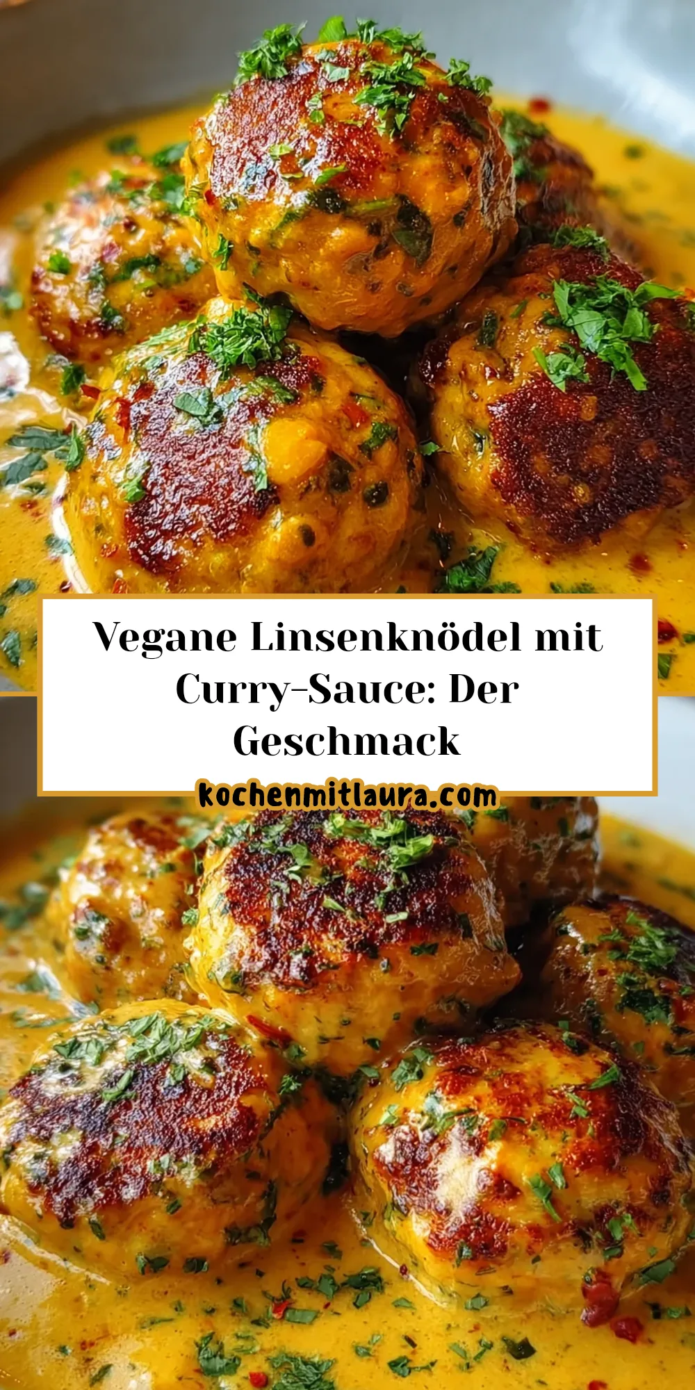 Goldbraun gebratene Linsenknödel liegen in einer cremigen, gelben Curry-Sauce und sind mit frischen Kräutern bestreut.