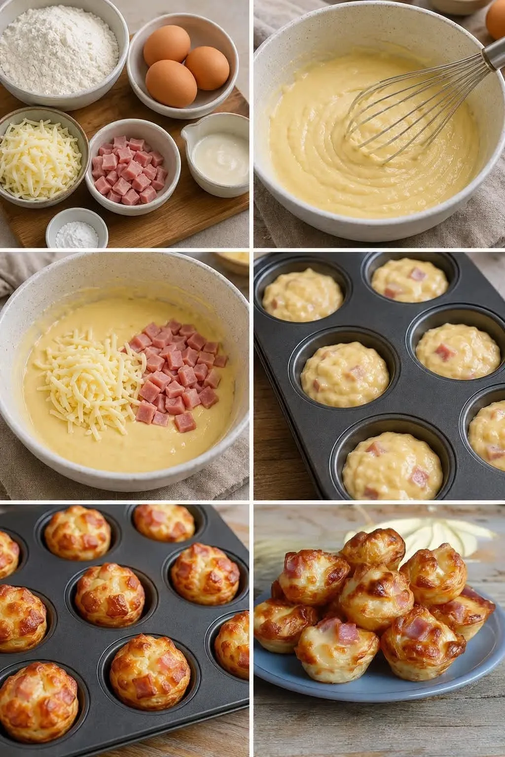 Eine Collage zeigt die Schritte zur Zubereitung von herzhaften Muffins mit Schinken und Käse in einer Muffinform.