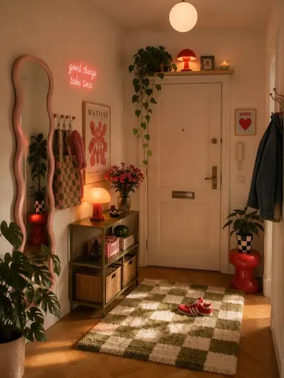 Ein gemütlicher Flur mit einem geschwungenen rosa Spiegel, Schachbrett-Teppich und warmer Beleuchtung.
