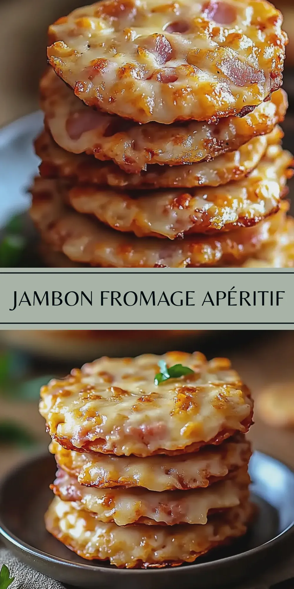 Une pile de petits biscuits apéritifs ronds garnis de jambon et de fromage fondu disposés sur une assiette sombre.