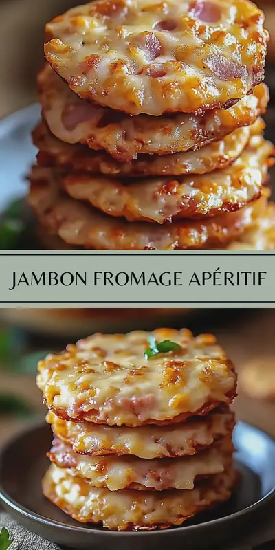 Une pile de petits biscuits apéritifs ronds garnis de jambon et de fromage fondu disposés sur une assiette sombre.