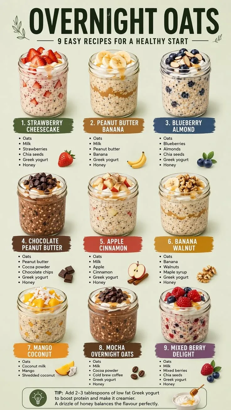 Eine Infografik mit neun verschiedenen Glas-Variationen von Overnight Oats mit unterschiedlichen Zutaten.
