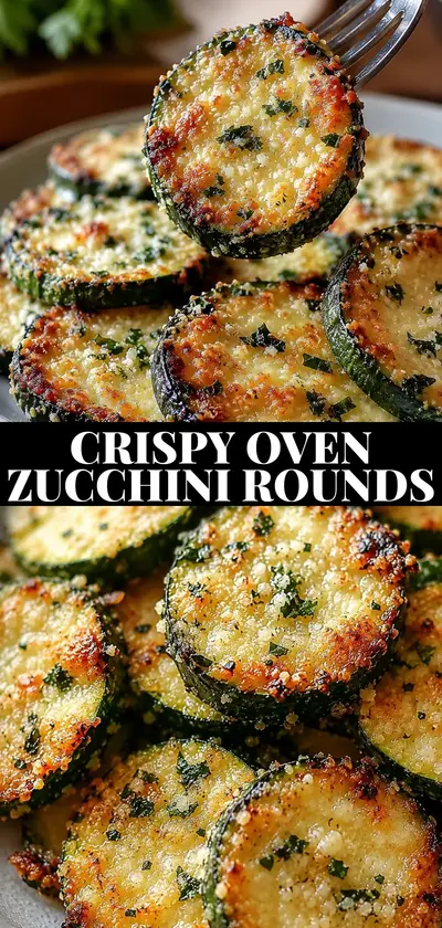A close-up of roasted zucchini rounds topped with a golden, crispy parmesan and herb crust, lifted by a fork.