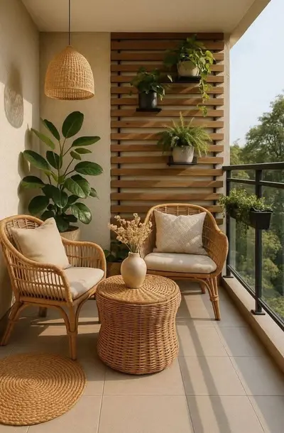Ein kleiner Balkon mit Rattan-Sesseln, Pflanzen an einer Holzlattenwand und einer hängenden Rattan-Lampe im Boho-Stil.