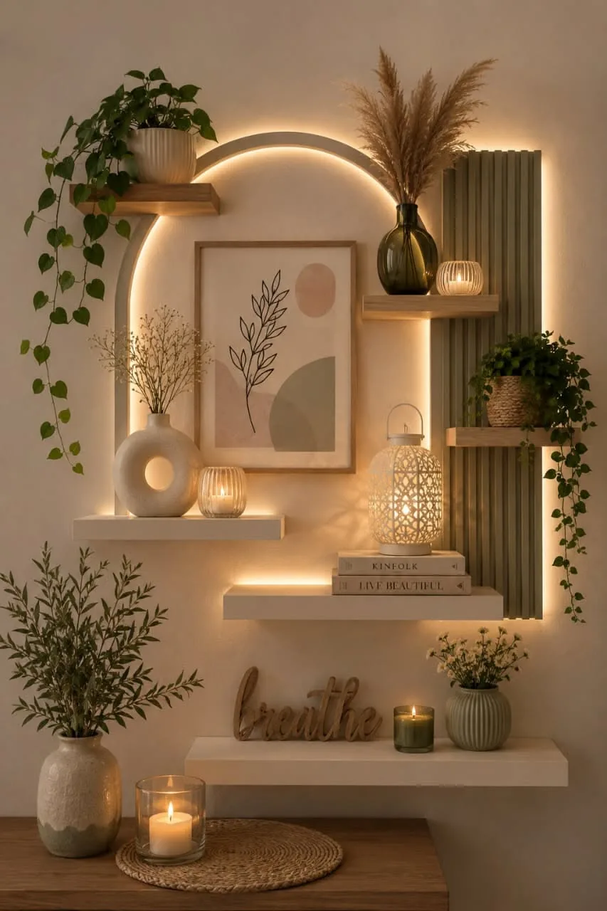 Eine dekorative Flurwand mit indirekter LED-Bogenbeleuchtung, weißen Wandregalen, Pflanzen und grünen Holzlamellen.