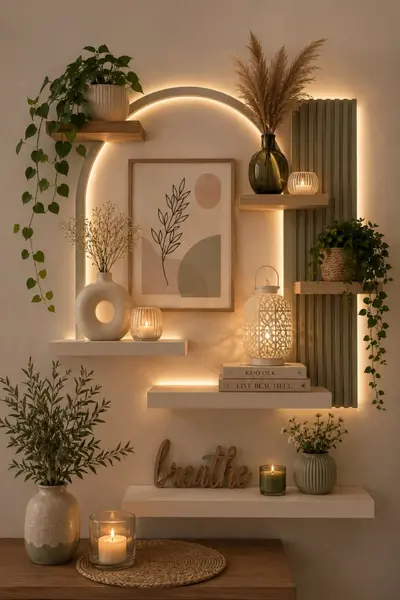 Eine dekorative Flurwand mit indirekter LED-Bogenbeleuchtung, weißen Wandregalen, Pflanzen und grünen Holzlamellen.