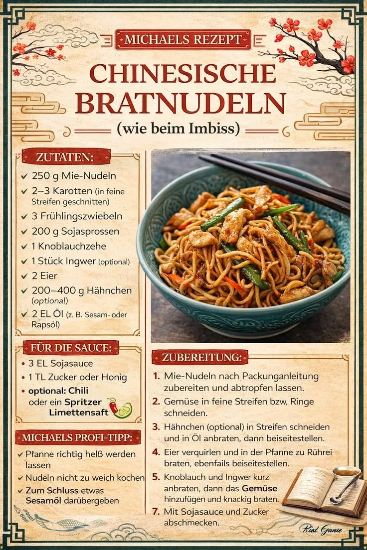 Eine blaue Schüssel gefüllt mit gebratenen chinesischen Nudeln, Gemüse und Hähnchenstücken.