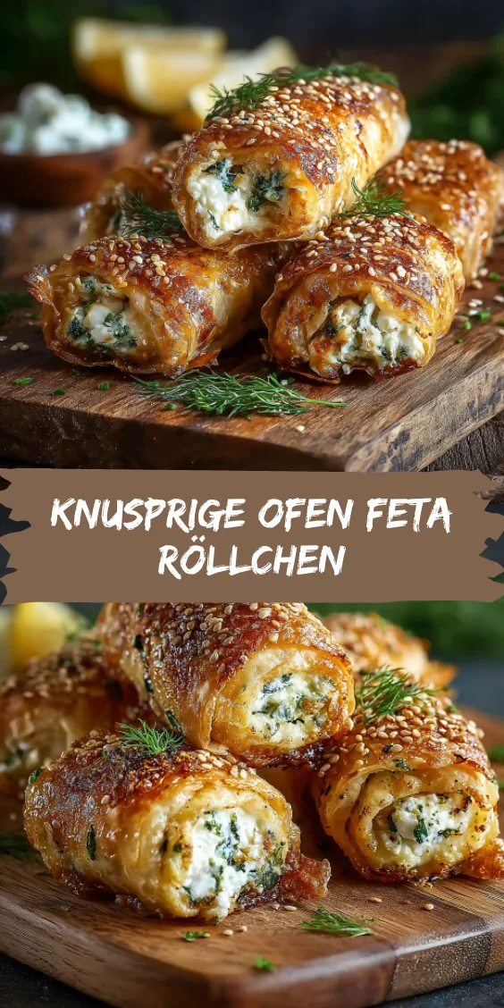 Goldbraun gebackene, mit Sesam bestreute Feta-Röllchen auf einem rustikalen Holzbrett mit frischem Dill garniert.