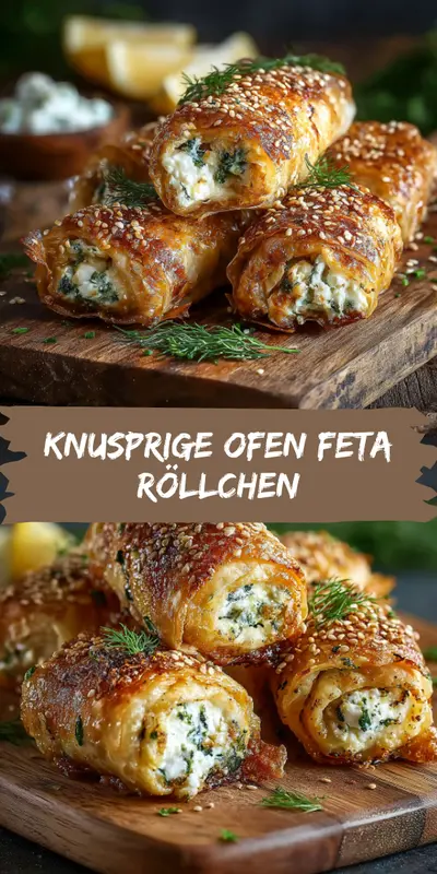 Goldbraun gebackene, mit Sesam bestreute Feta-Röllchen auf einem rustikalen Holzbrett mit frischem Dill garniert.