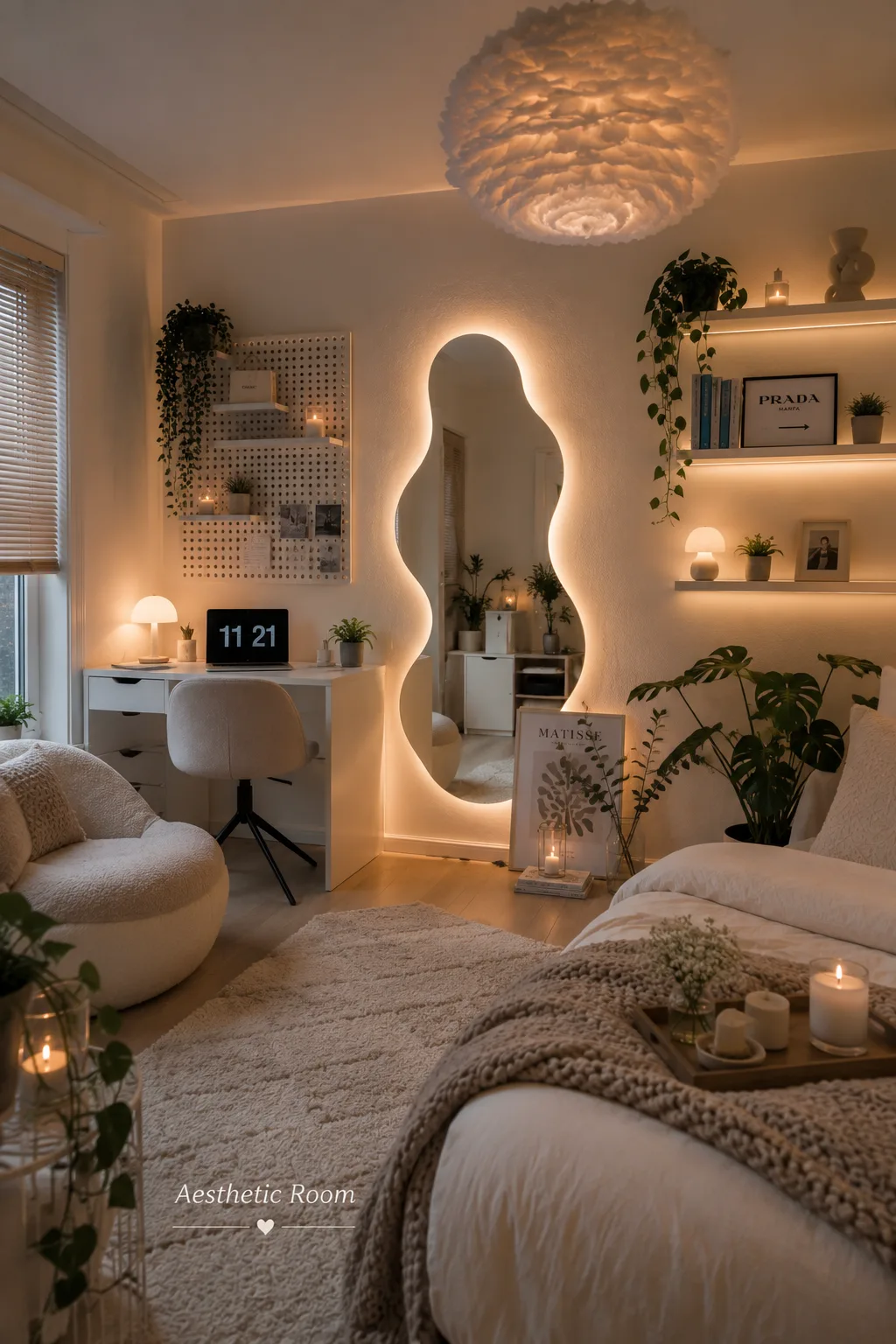 Ein gemütliches, helles Schlafzimmer mit einem indirekt beleuchteten wellenförmigen Spiegel und vielen Pflanzen.