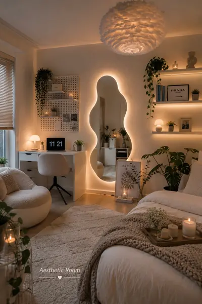 Ein gemütliches, helles Schlafzimmer mit einem indirekt beleuchteten wellenförmigen Spiegel und vielen Pflanzen.