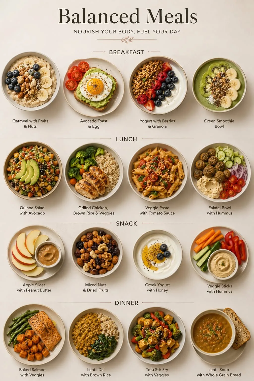Eine Übersichtsgrafik zeigt 16 verschiedene, gesund angerichtete Mahlzeiten in vier Kategorien: Frühstück, Mittag, Snack und Abendessen.
