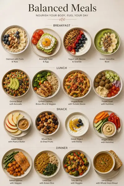 Eine Übersichtsgrafik zeigt 16 verschiedene, gesund angerichtete Mahlzeiten in vier Kategorien: Frühstück, Mittag, Snack und Abendessen.