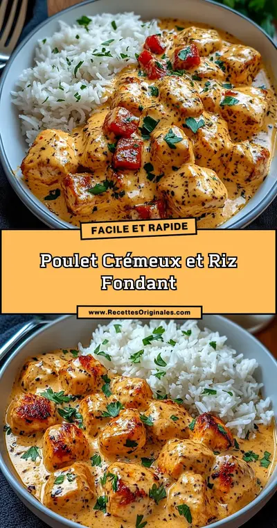 Un bol gris contenant des dés de poulet dorés dans une sauce crémeuse orangée accompagnés de riz blanc et persil.