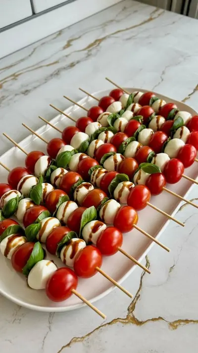 Un plateau rectangulaire présente douze brochettes Caprese garnies de tomates, mozzarella et basilic.