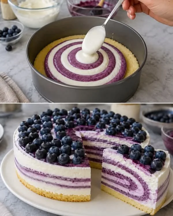 Eine Hand gibt abwechselnd weiße und violette Creme in eine Springform, während unten die fertige Torte zu sehen ist.
