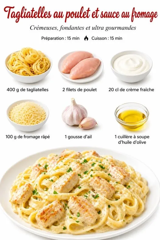 Une assiette de tagliatelles au poulet en sauce crémeuse parsemée d'herbes fraîches sur un fond blanc.