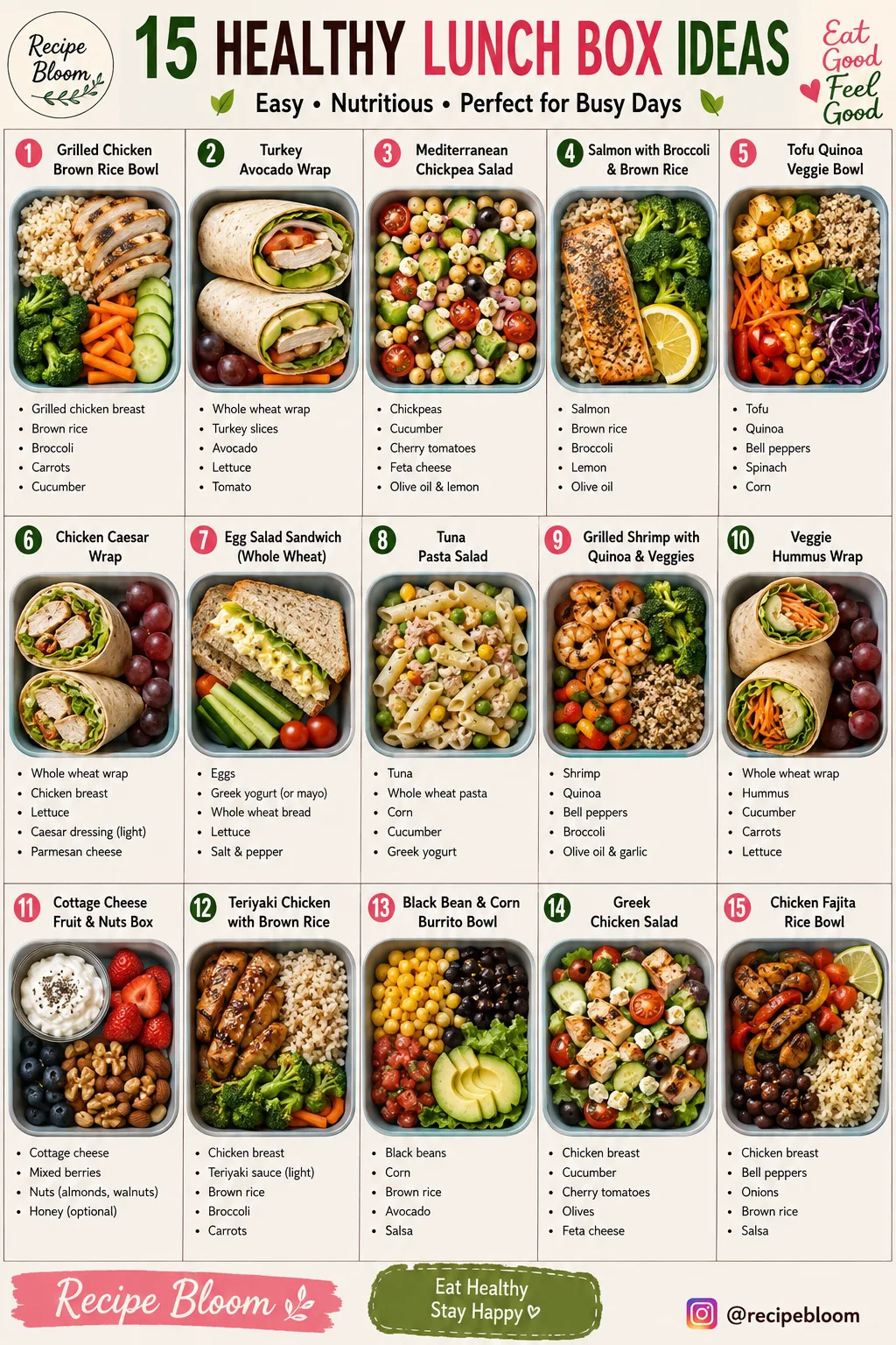 Eine Übersichtsgrafik zeigt 15 verschiedene, appetitlich angerichtete Lunchbox-Gerichte in rechteckigen Behältern.