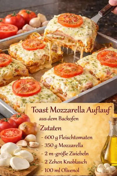 Ein goldbraun überbackener Toast-Auflauf in einer Form, aus dem gerade ein Stück mit Mozzarella-Fäden gehoben wird.