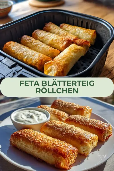 Goldbraun gebackene Blätterteigrollen mit Sesam bestreut, serviert mit einem cremigen Dip auf einem Teller.
