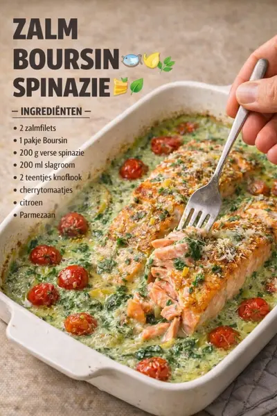 Een ovenschaal met twee zalmfilets in een romige saus met spinazie en cherrytomaatjes, waarbij een vork in de zalm prikt.