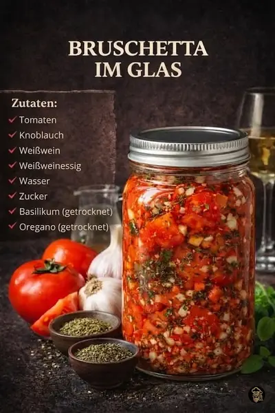Ein Einmachglas gefüllt mit Bruschetta-Mix, umgeben von frischen Tomaten, Knoblauch und Kräutern auf dunklem Untergrund.