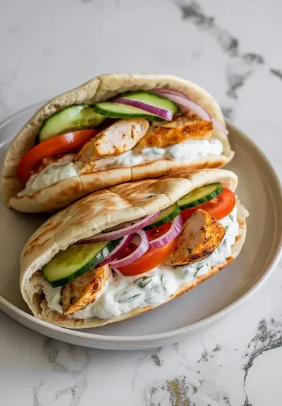 Zwei mit Hähnchen, Tomaten, Gurken, Zwiebeln und Tzatziki gefüllte Pita-Taschen liegen auf einem hellen Teller.