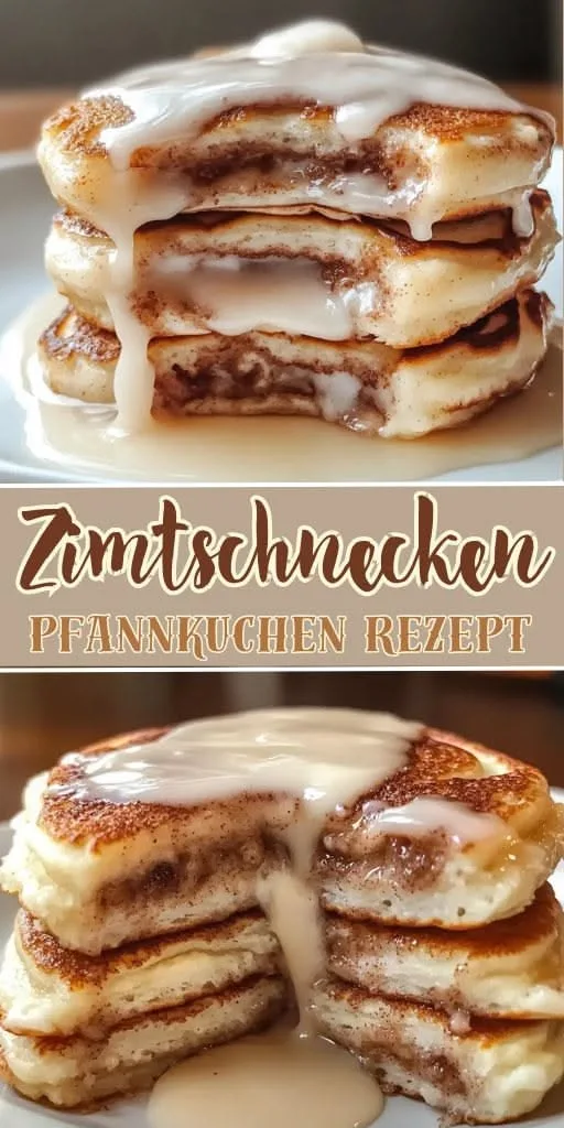 Ein Stapel goldbrauner Pfannkuchen mit sichtbarer Zimtfüllung und weißer Glasur auf einem Teller.