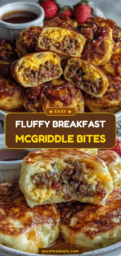 Golden brown pancake bites filled with ground meat and cheese served with a side of maple syrup and strawberries.