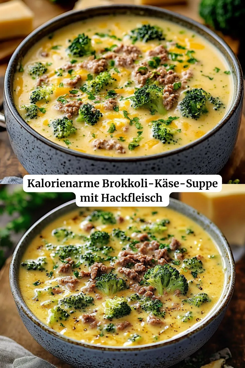 Zwei Schüsseln mit cremiger Brokkoli-Käse-Suppe, garniert mit gebratenem Hackfleisch und frischen grünen Kräutern.