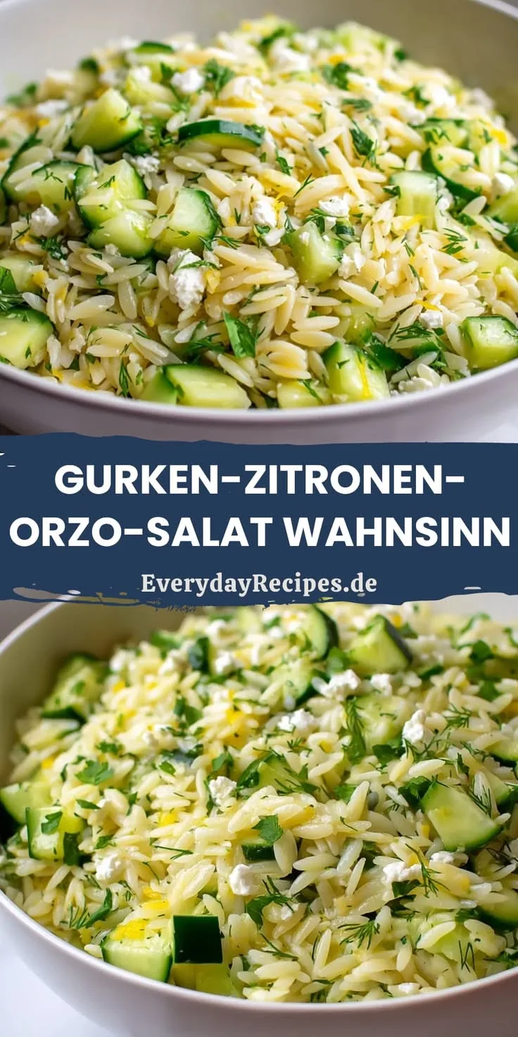 Eine weiße Schüssel gefüllt mit Orzo-Salat, Gurkenstücken, Feta, Zitronenabrieb und frischem Dill.