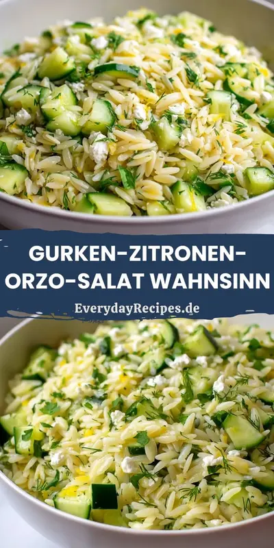 Eine weiße Schüssel gefüllt mit Orzo-Salat, Gurkenstücken, Feta, Zitronenabrieb und frischem Dill.