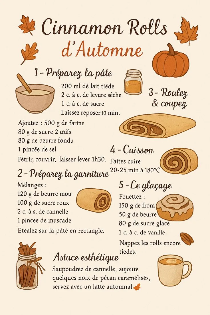 Infographie illustrée montrant les étapes de préparation de roulés à la cannelle sur un fond couleur crème.