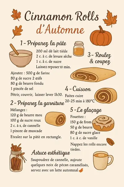 Infographie illustrée montrant les étapes de préparation de roulés à la cannelle sur un fond couleur crème.
